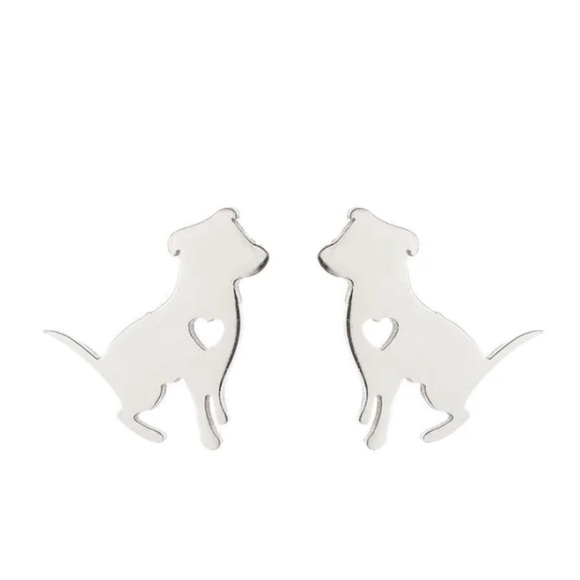 Cute Silver Dog Stud Earrings With A Heart Cutout - Picture 3 of 7